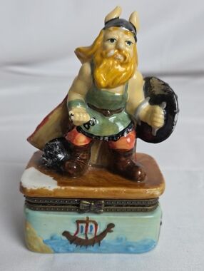 Hand-Painted Ceramic Viking Trinket Box in Yellow & Green